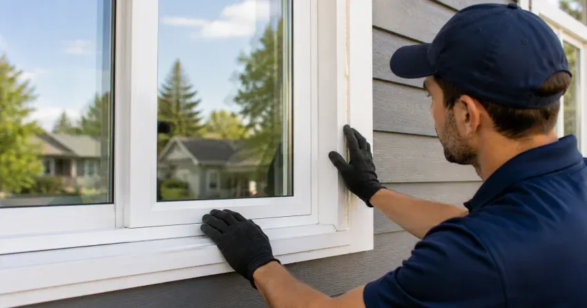 technician comparing full-frame and retrofit window replacement options in East Gwillimbury