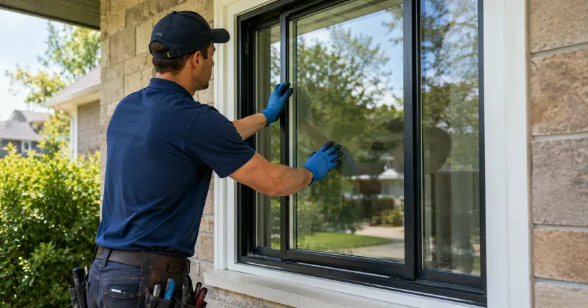 technician measuring a broken window pane for replacement in Franklin, East Gwillimbury