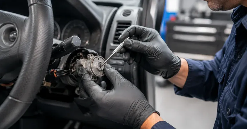 technician diagnosing an ignition lock repair issue in River Drive Park, East Gwillimbury