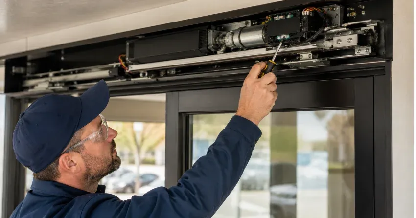 technician completing automatic door repair on residential property in Mount Albert, East Gwillimbury
