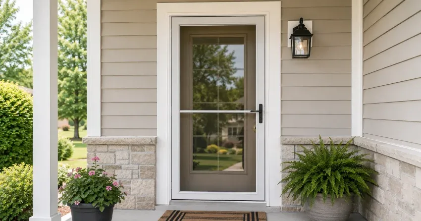 technician hanging storm door square and plumb in Mount Albert, East Gwillimbury
