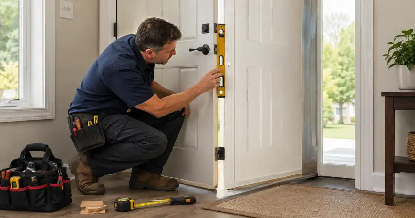 technician diagnosing a misaligned door frame in Brown Hill, East Gwillimbury