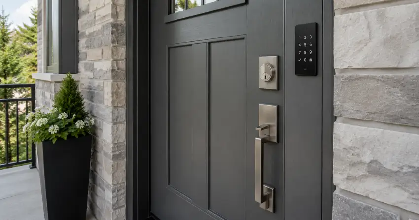 High-security door hardware and access control keypad installed on a residential entry door in Sharon, East Gwillimbury