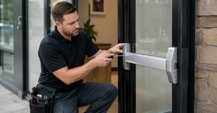 commercial locksmith repairing exit device on storefront door Holt, East Gwillimbury
