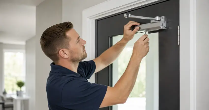 technician adjusting door closer hydraulic valve in Mount Albert, East Gwillimbury home