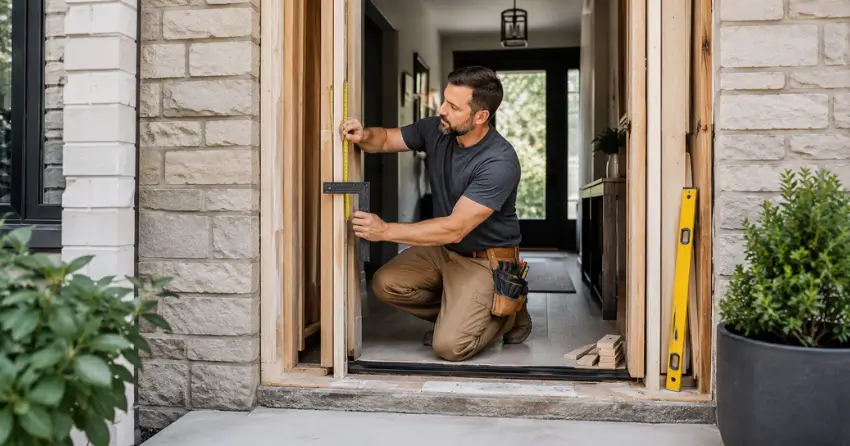 exterior door installer assessing rough opening in Sharon, East Gwillimbury