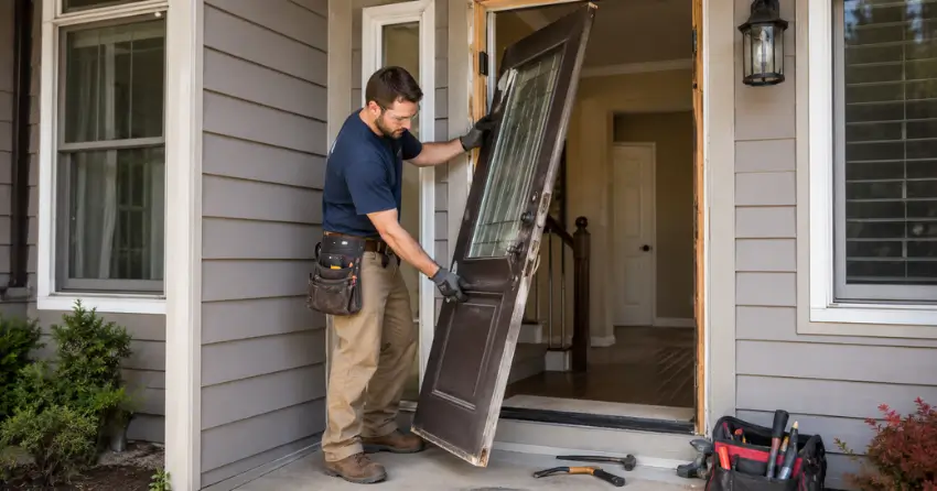 old exterior door being removed for replacement in Brown Hill, East Gwillimbury