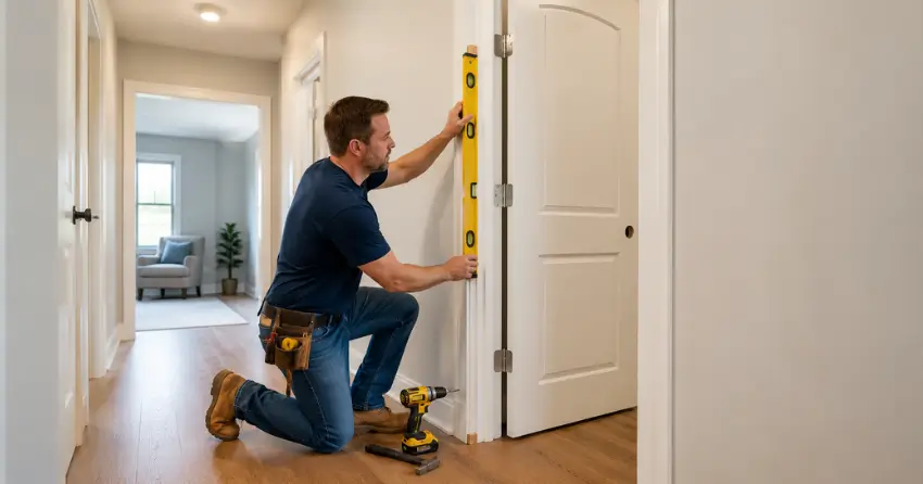 technician installing a pre-hung interior door in a home hallway East Gwillimbury
