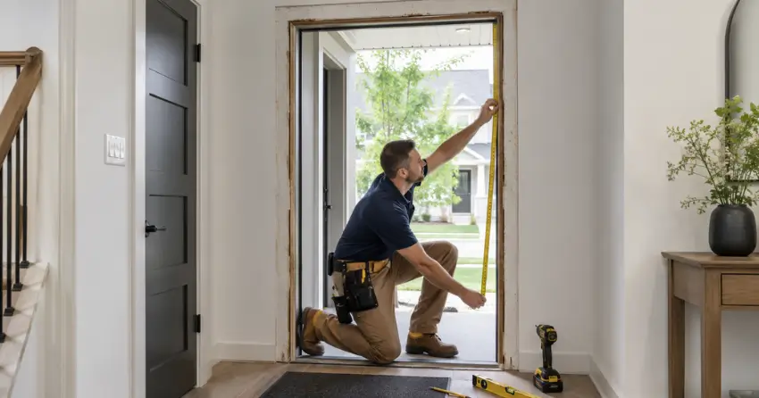 technician measuring a door frame before new door installation in Mount Albert, East Gwillimbury