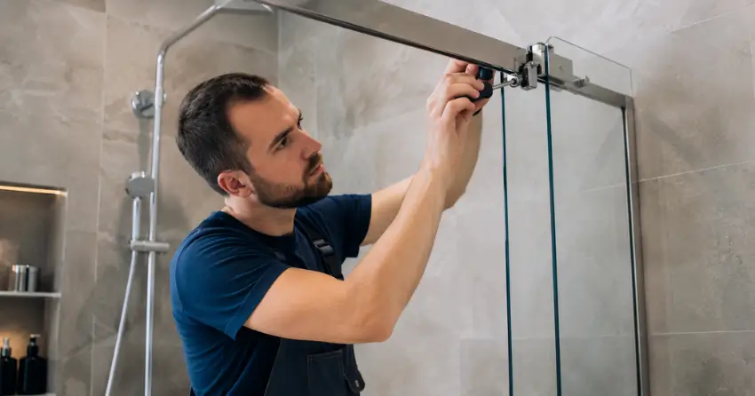 technician adjusting shower door hinge and track in Holt, East Gwillimbury