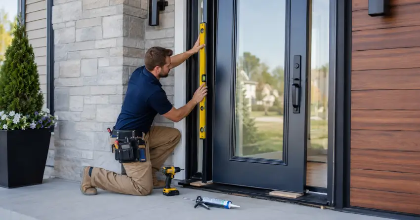 glass outside door installation with energy-efficient double-pane glazing in River Drive Park, East Gwillimbury