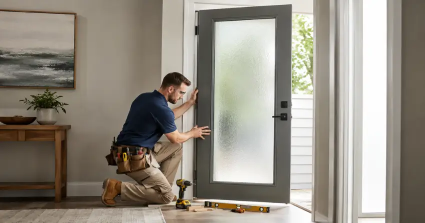 glass panel door installation with frosted privacy glass in residential setting in River Drive Park, East Gwillimbury