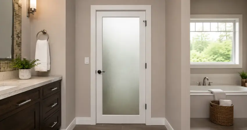 frosted glass panel bathroom door installed in a Holt, East Gwillimbury home
