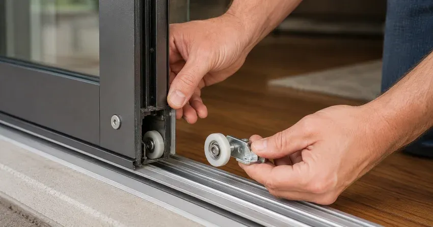 sliding door alignment River Drive Park, East Gwillimbury technician adjusting roller track