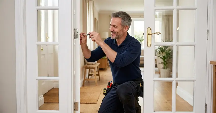technician adjusting French door hinge for proper alignment in Sharon, East Gwillimbury
