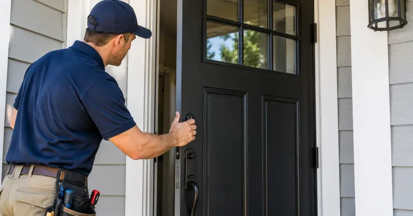 technician adjusting door hinge and strike plate in Ravenshoe, East Gwillimbury home