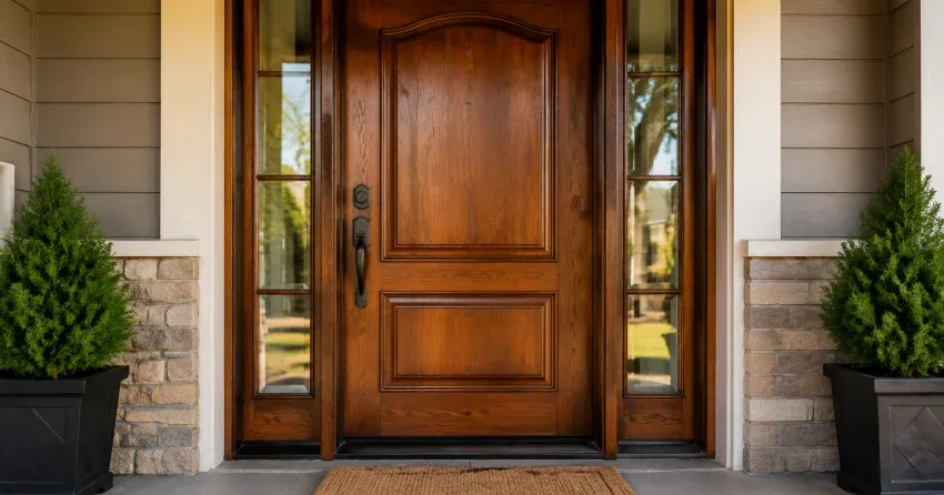 wood door mid-restoration showing stripped bare wood in East Gwillimbury