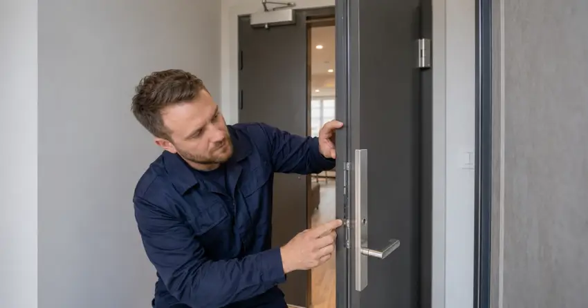 technician inspecting fire-rated door seal and hardware in Sharon, East Gwillimbury