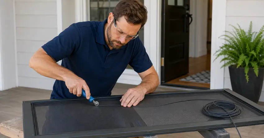 technician replacing screen door mesh and spline in Holt, East Gwillimbury