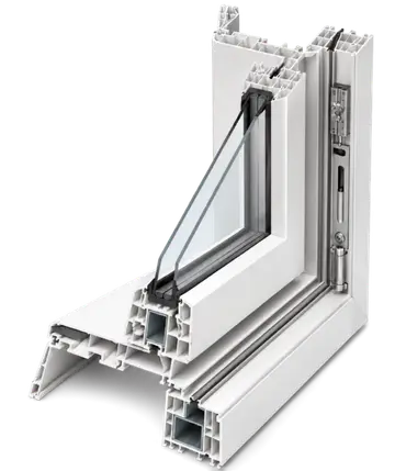A sectioned window frame showing reinforcement and multi-chamber construction